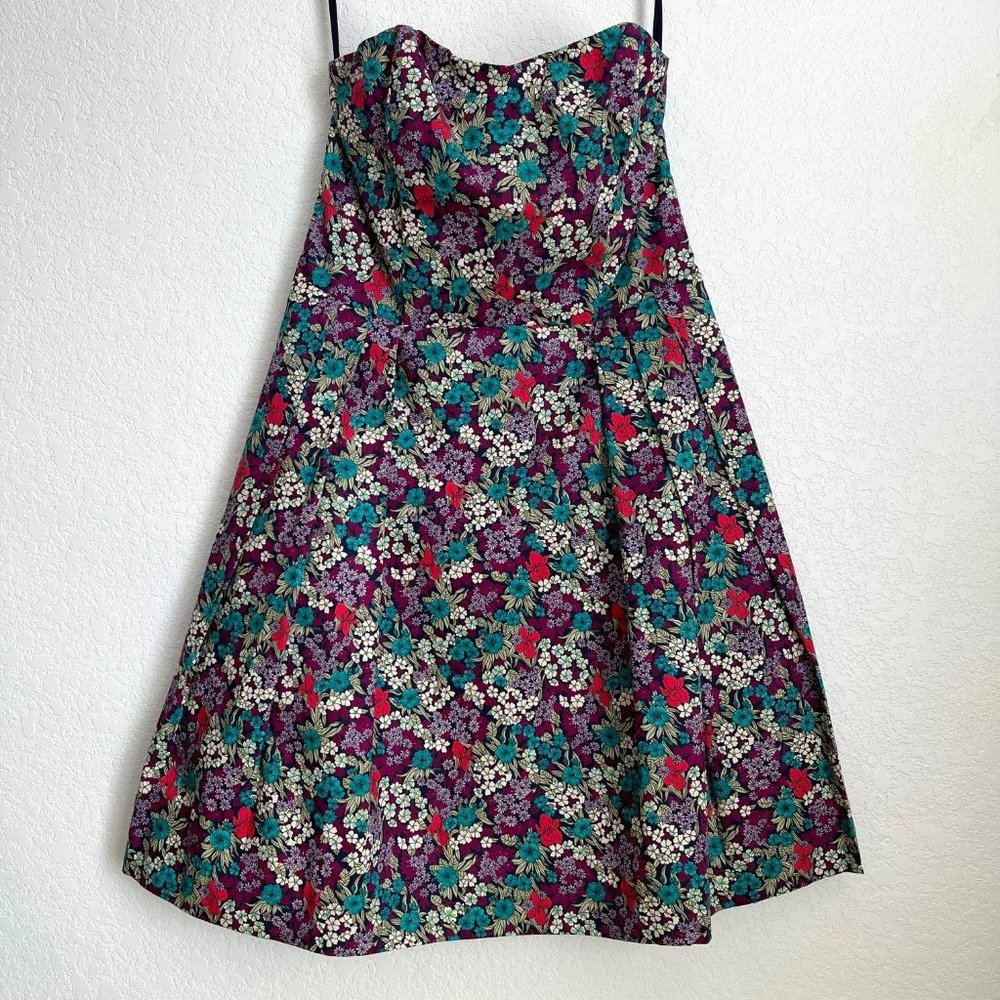 Moda International Strapless Dress, Purple Teal and Pink Floral, Size 2
